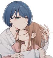 2girls blue_eyes blue_hair blush brown_hair closed_eyes closed_mouth collarbone commentary couple hanasato_minori hand_in_another's_hair hug kiritani_haruka long_hair long_sleeves multiple_girls open_mouth pink_sweater project_sekai short_hair sidelocks simple_background sweater white_background white_sweater yarou_(0tyaro) yuri // 1007x1101 // 220KB