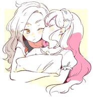 2girls blush hugging_pillow kiss kiss_on_the_cheek yuri // 673x700 // 128KB