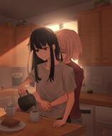 2girls absurdres and arms around behind black blonde bob body bread cabinet chisato chxoswolf closed coffee commentary couple cup cut drink electrical english eyes food from girls grey hair hand highres hot hug indoors inoue jewelry kitchen light lycoris lying morning mug multiple nishikigi on outlet plate pot pouring purple rays recoil red ring shirt short sidelocks signature sleeves slice smile sunbeam sunlight t-shirt table takina toast upper waist wedding wife window yuri // 2260x2744 // 2.2MB