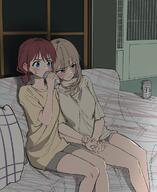 beer blushing girls_band_cry holding_hands iseri_nina kawaragi_momoka on_couch // 974x1189 // 1.3MB