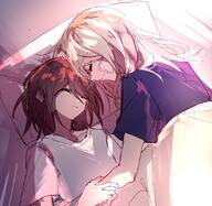 2girls girls_band_cry holding_hands iseri_nina kawaragi_momoka on_bed sleeping yuri // 850x828 // 1.0MB