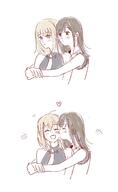 2girls hug kissing_cheek love_heart yuri // 1259x2048 // 1.3MB