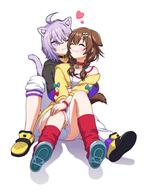 2girls cat_ears cat_girl cat_tail dog_ears dog_girl hug inugami_korone love_heart nekomata_okayu yuri // 1350x1800 // 288KB